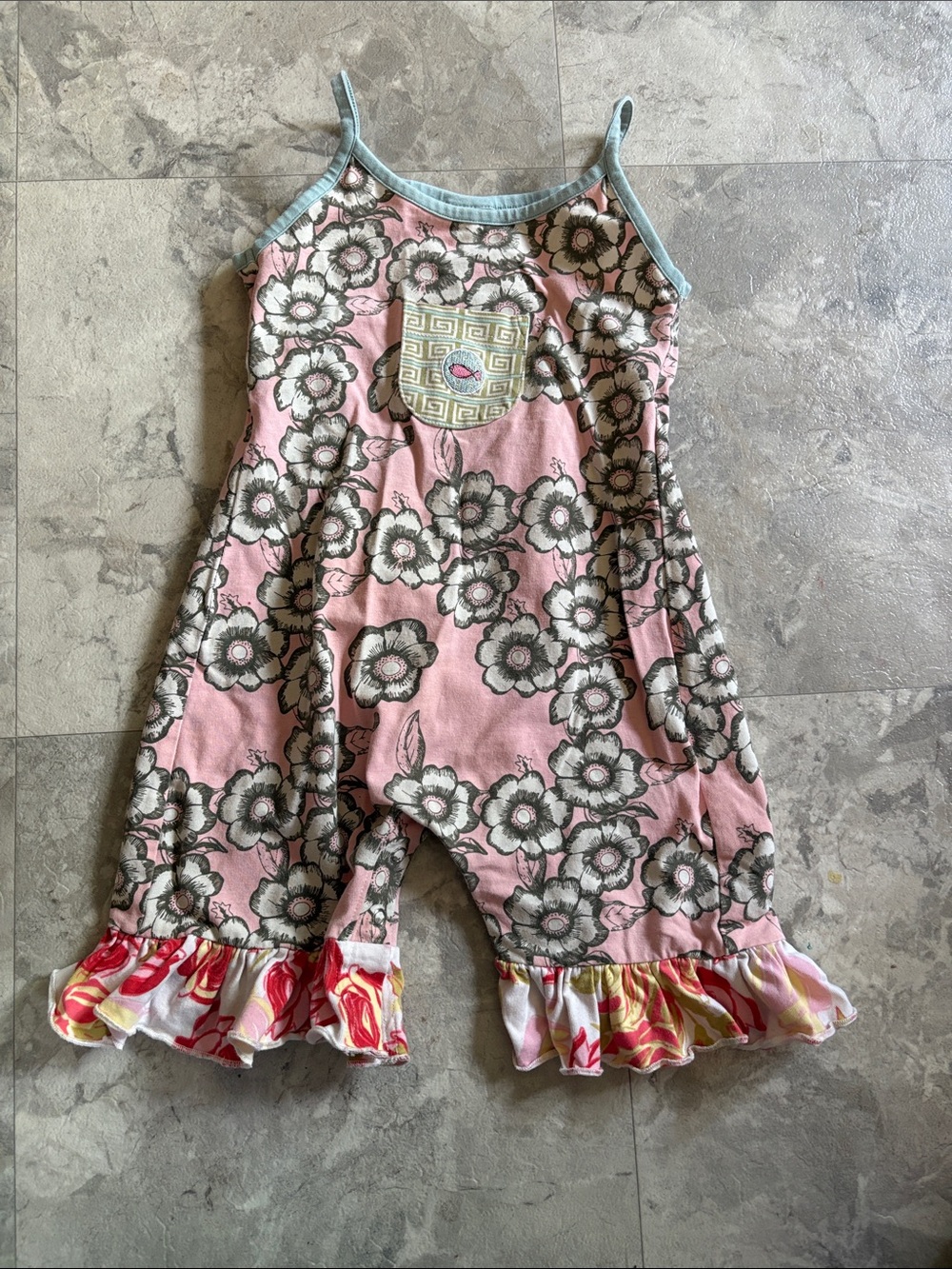 Matilda Jane Pink Floral Ruffle-Strap Pajama Romper with Blue Trim